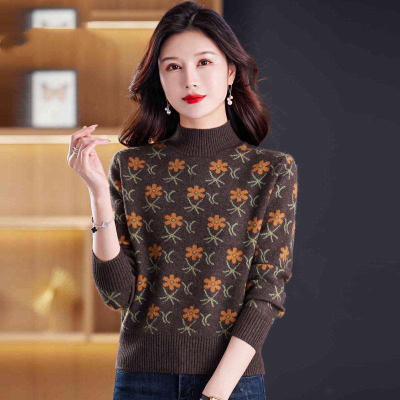 Jacquard Sweater Loose Half Turtleneck Knitted Sweater for Women In Autumn and Winter Fashionable and Casual Pullover