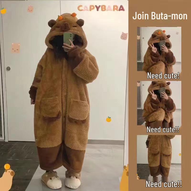 Розовый коралловый флисовый комплект пижамы для пары с дополнительным флисом и утолщенным мультяшным халатом на осень/зиму M