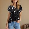 Top Pulôver Feminino Casual da Moda de Manga Curta com Decote em V, Botões e Estampa