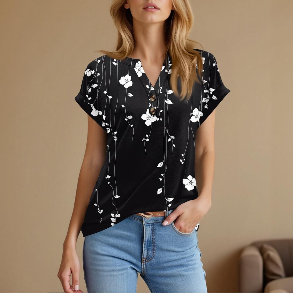 Top Pulôver Feminino Casual da Moda de Manga Curta com Decote em V, Botões e Estampa