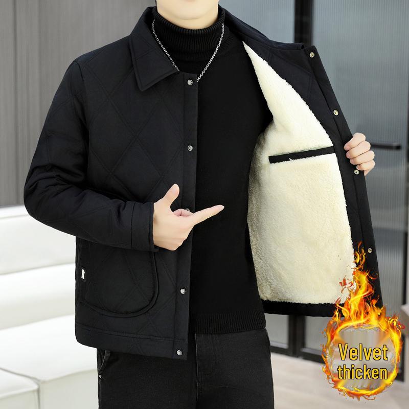 Men's Trendy Lapel Cotton Jacket: Thickened, Warm, Velvet-Padded Outerwear for Autumn and Winter.
