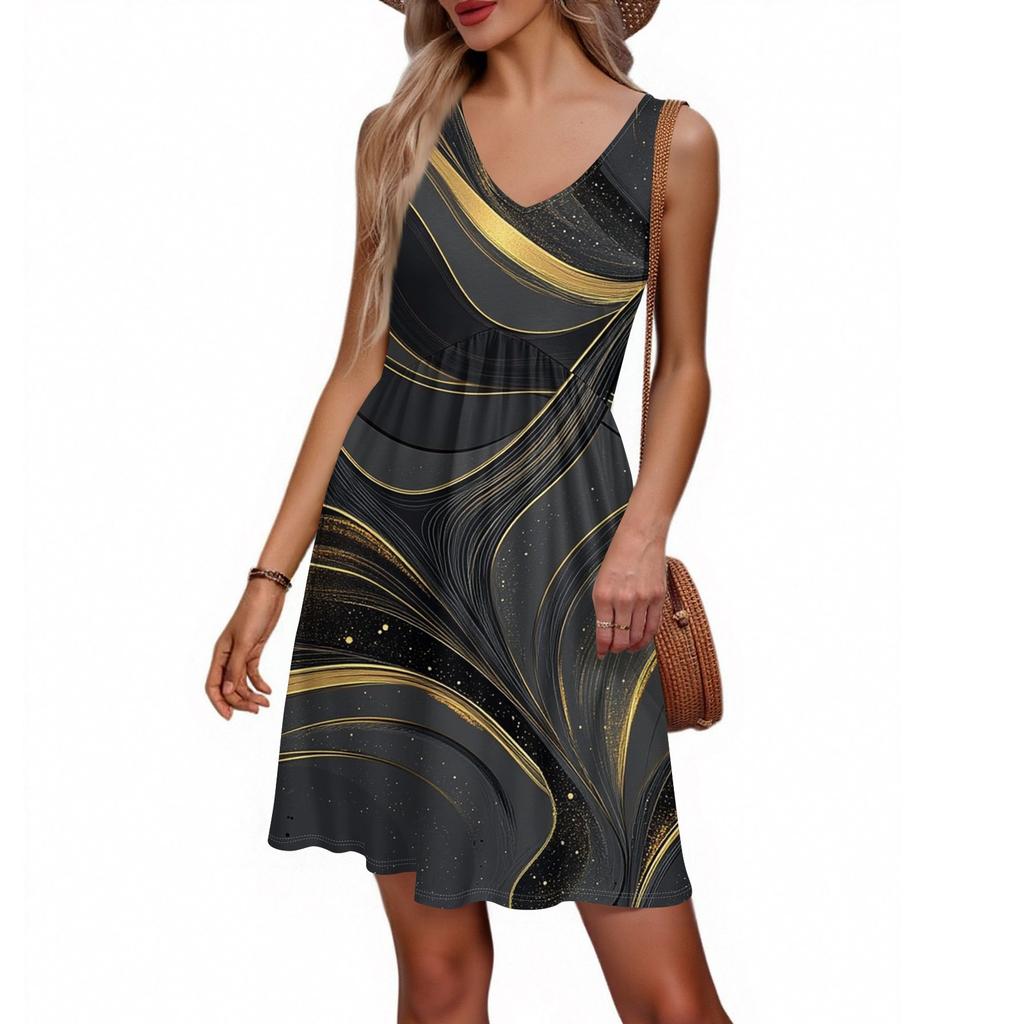 Women's Summer V-neck Casual Beach Vacation Style Retro Floral Print Sleeveless Patchwork Dress