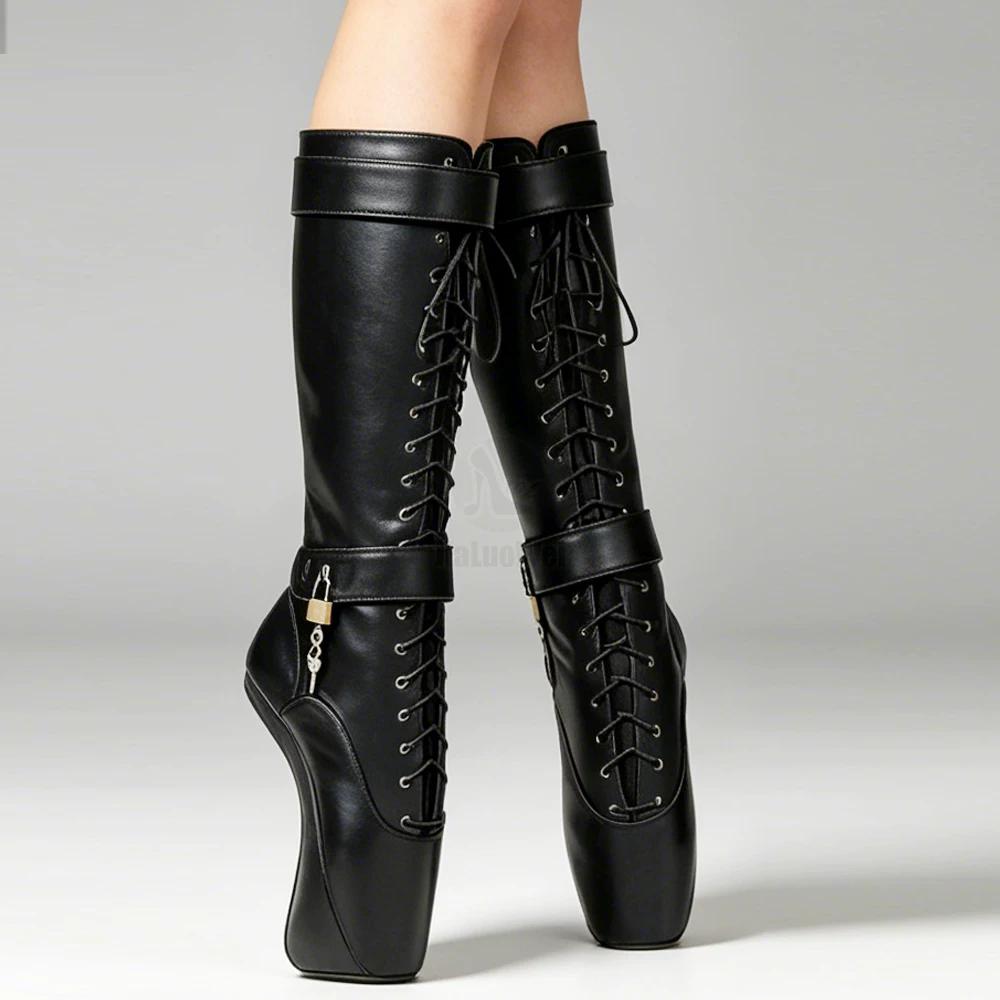 JIALUOWEI Frauen Abschließbare Vorhängeschlösser Fetisch Sexy Spitze Kreuzgebundene Kniehohe Stiefel 18 cm Ballettstiefel Mit Ultrahohem Hufabsatz