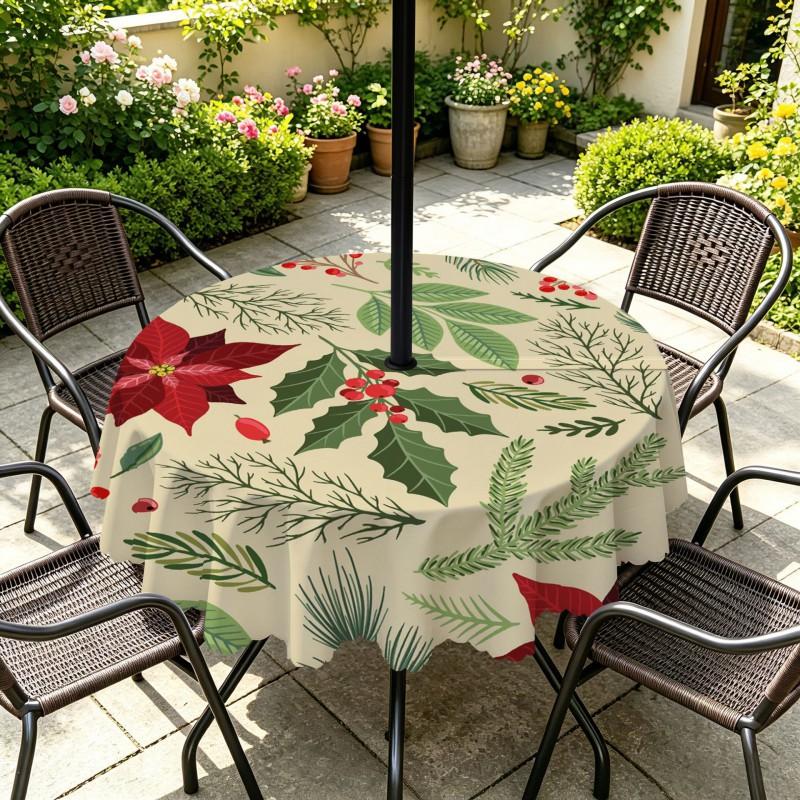 Outdoor Christmas Tablecloth Round Waterproof Oil-Resistant Patio Table Cover Garden Deck Umbrella Hole
