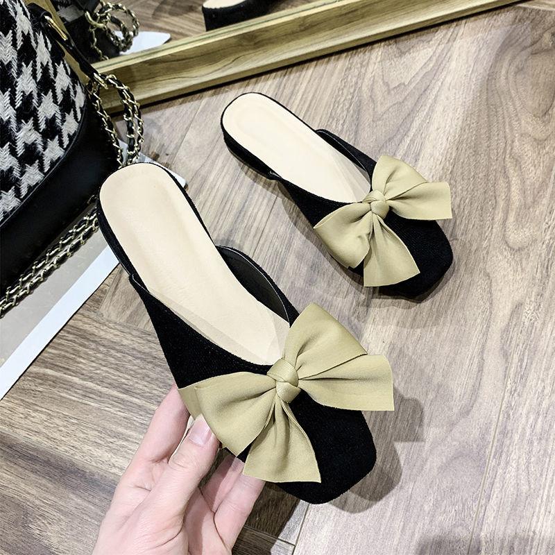 Woman Mules Low Heel with Bow Shoes for Women Slides Black Sandals 2025 Luxury Slip-resistant H Sandal Chic and Elegant Slippers