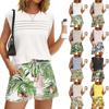 Women's Casual Fashion Crewneck Pleated Hawaiian Print Shorts Set