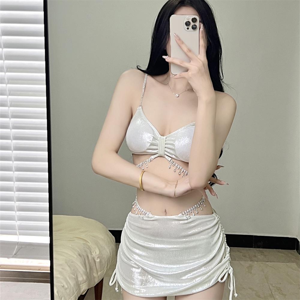 Sparkly Girlish High-End White Bikini 3-Piece Set – Tummy-Covering Split Swimsuit