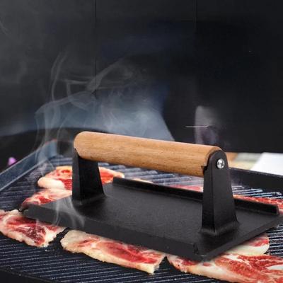 Kitchen Heavy Meat Press Griddle Cast Iron Burger Tool with Wooden Handle Kitchen Pressing Frying Pan Stainless Steel