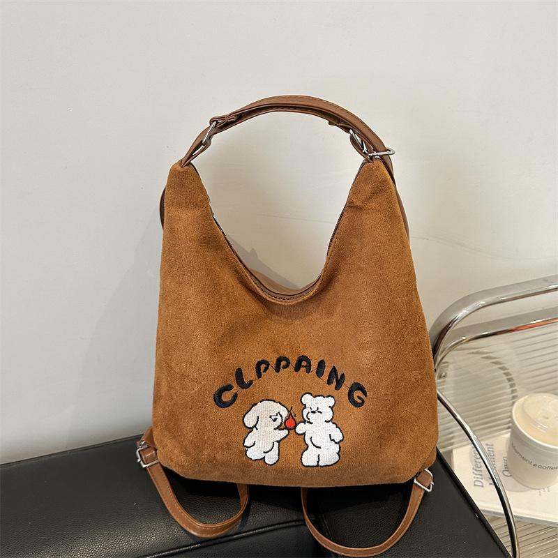 

Women s bag autumn deerskin fleece cartoon backpack 2025 new trendy retro tote bag casual large-capacity backpack коричневый