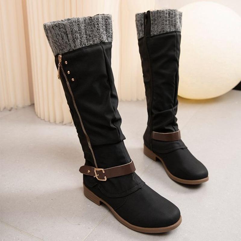 Wish large size women's shoes autumn and winter new women's leather boots side zipper high boots low heel knight boots