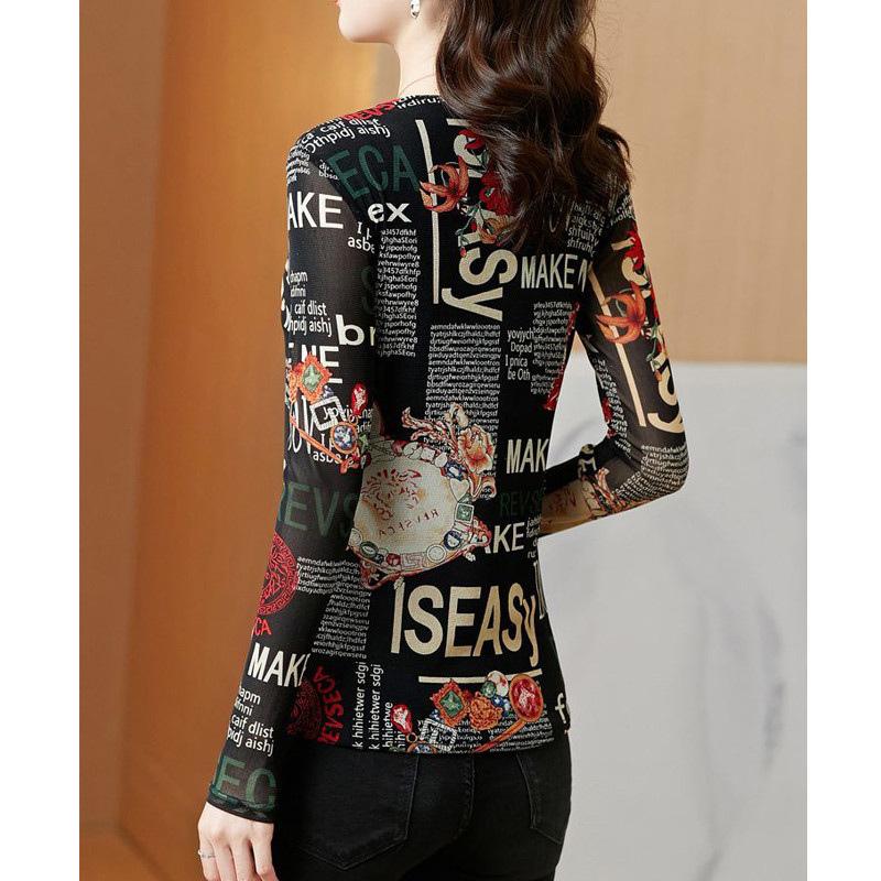 Frühling Herbst Mode Damen V-Ausschnitt Buchstaben bedruckt Sexy Mesh Patchwork Basic T-Shirts Elegant Langarm Slim Damen Tops
