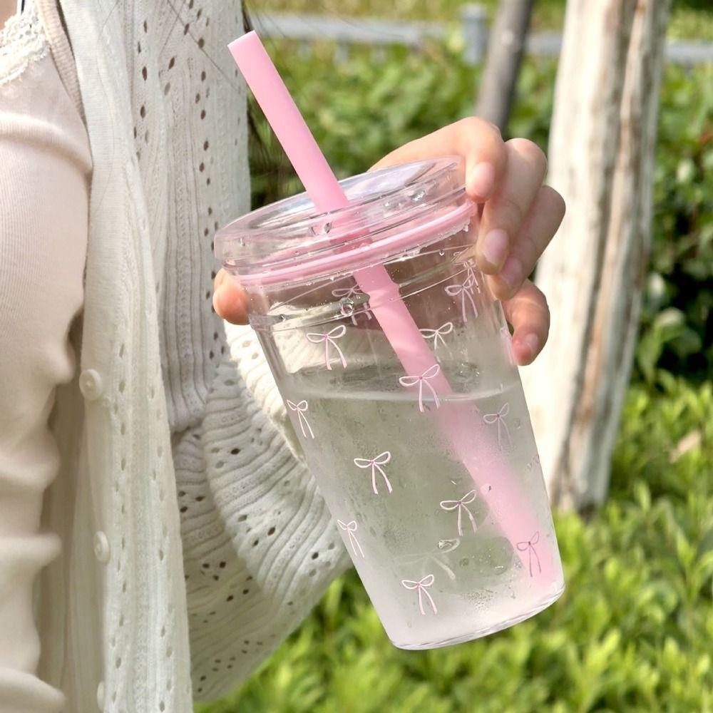 Plastic Cold Drinking Cup Bowknot Pattern Car Tumbler Cup Simple Coffee Cup  for Students