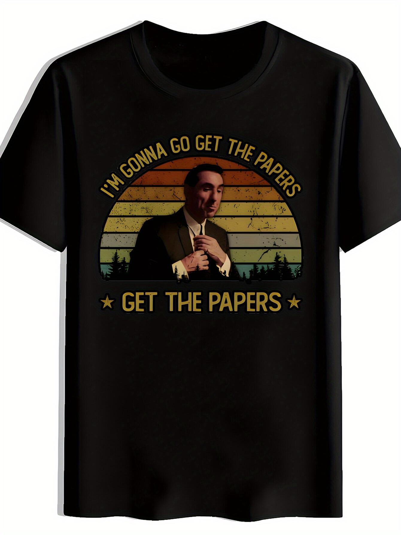 T-shirt Graphic with  I m Gonna Get The Papers  Retro Sunset Pine Design - Black Casual Short Sleeve Round Neck Polyester Tee for Summer XS
