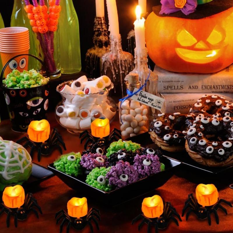 50 szt. Dekoracja Świec Herbatnich Pająków na Halloween, Halloweenowe Bezpłomieniowe Świece LED, Lampiony na Baterie do Halloweenowego Domowego Upiornego Dekorowania