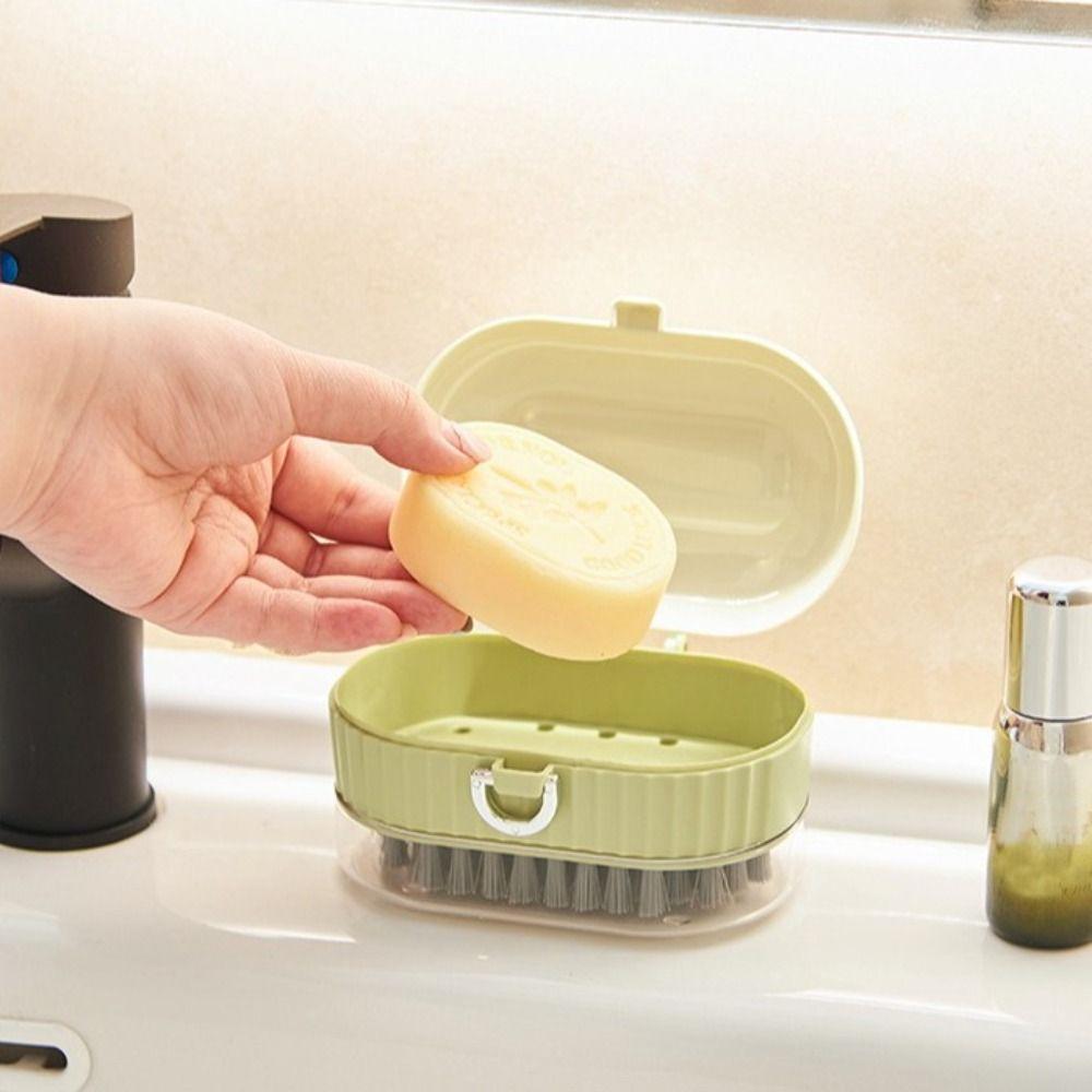 Plastic Soap Dish Holder with Roller Brush Drainable Soap Box Multi-functional Cleaning Brush Bathroom Kitchen Sink Organizer