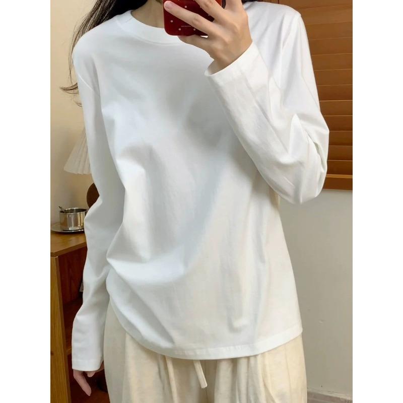 

Basic bottoming shirt women s pure cotton white shirt spring, autumn and winter minimalist wind abraded warm long-sleeved inner top 3XL