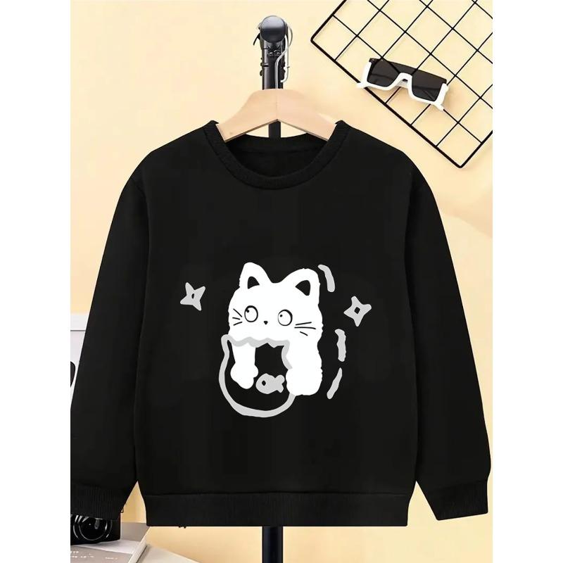 Kids Sweatshirt Round-neck Hoodie - Black Cat Holding Fish Silhouette Machine Washable, Spring And Autumn, Sportswear And Casual Wear