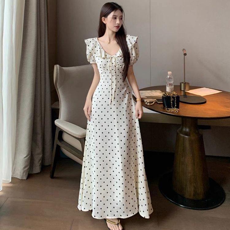 French tie puff sleeve polka dot dress for women, new summer ruffle waist-cinching slimming chic elegant long dress