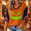 Women's V-Neck Halloween Print Three-Quarter Sleeve Casual Blouse for Fall