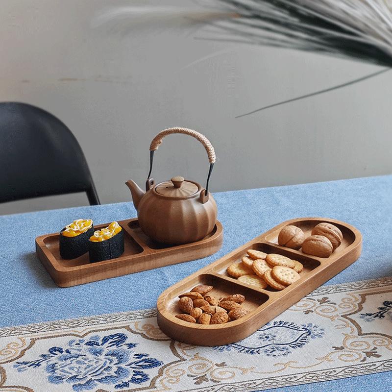 HeMu Solid Wood Three-grid Side Dish Sauce Dish Japanese Pickles Seasoning Dipping Sauce Dish Acacia Wood Partition Plate Dish