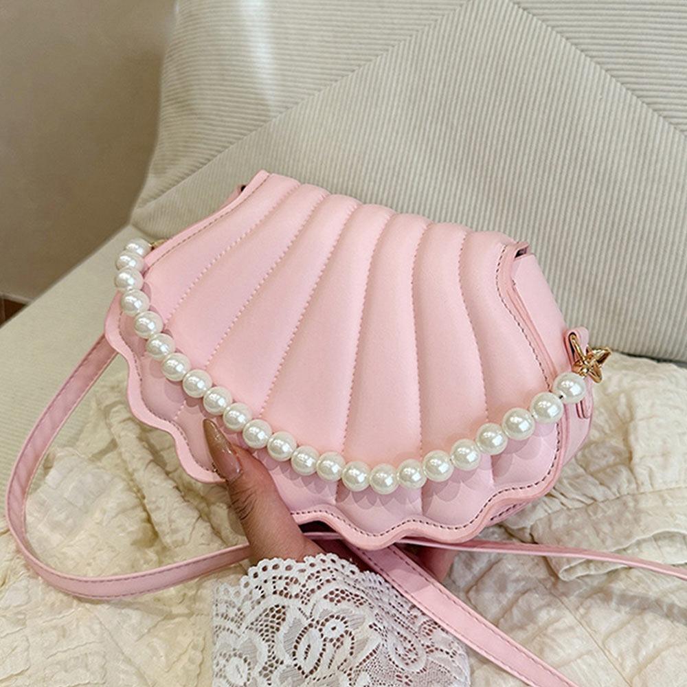 

Stylish Cute Shell Shoulder Bag Minimalist with Pearls Design Pearl Decorated Handbag PU Leather Purse Bag for Women Girls розовый