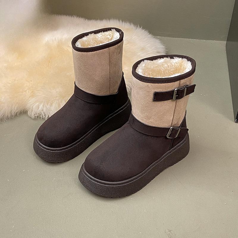 

Fashion Platform Cotton Boots Women s Fashion Round Toe Suede Spliced Metal Buckle Sleeve Soft Sole Non-Slip Mid-Cylinder Boots 36