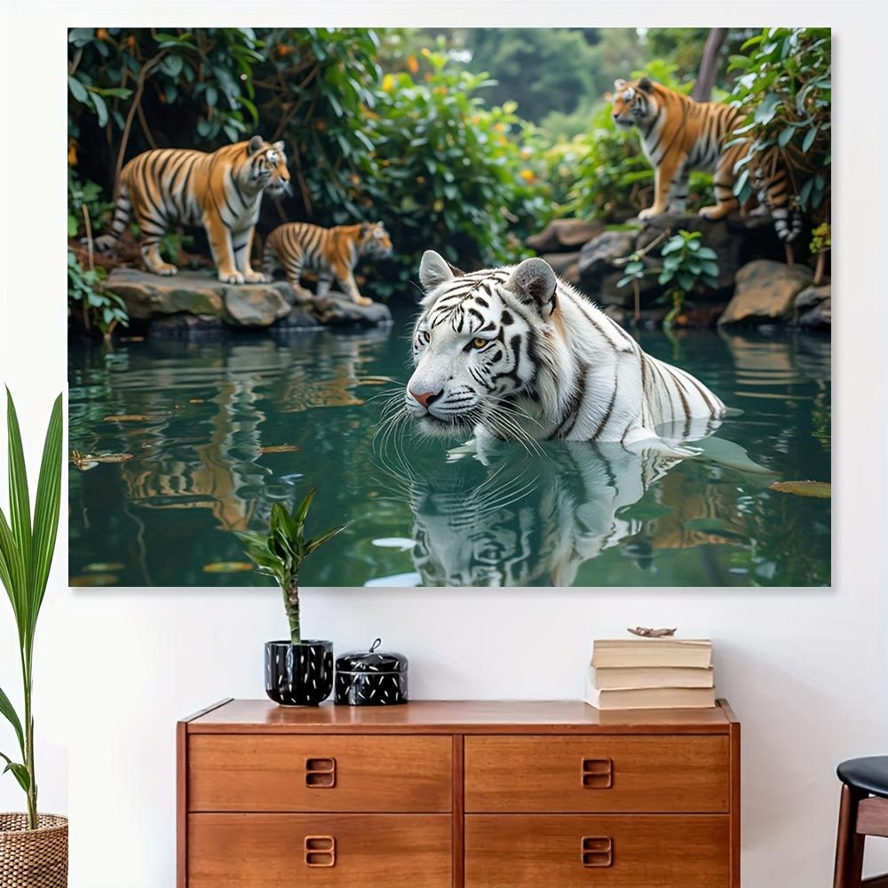 1Pc White Tiger Family Tapestry Wall Hanging, Decorative Fabric Poster for Bedroom, Living Room, Dorm & Home Decor