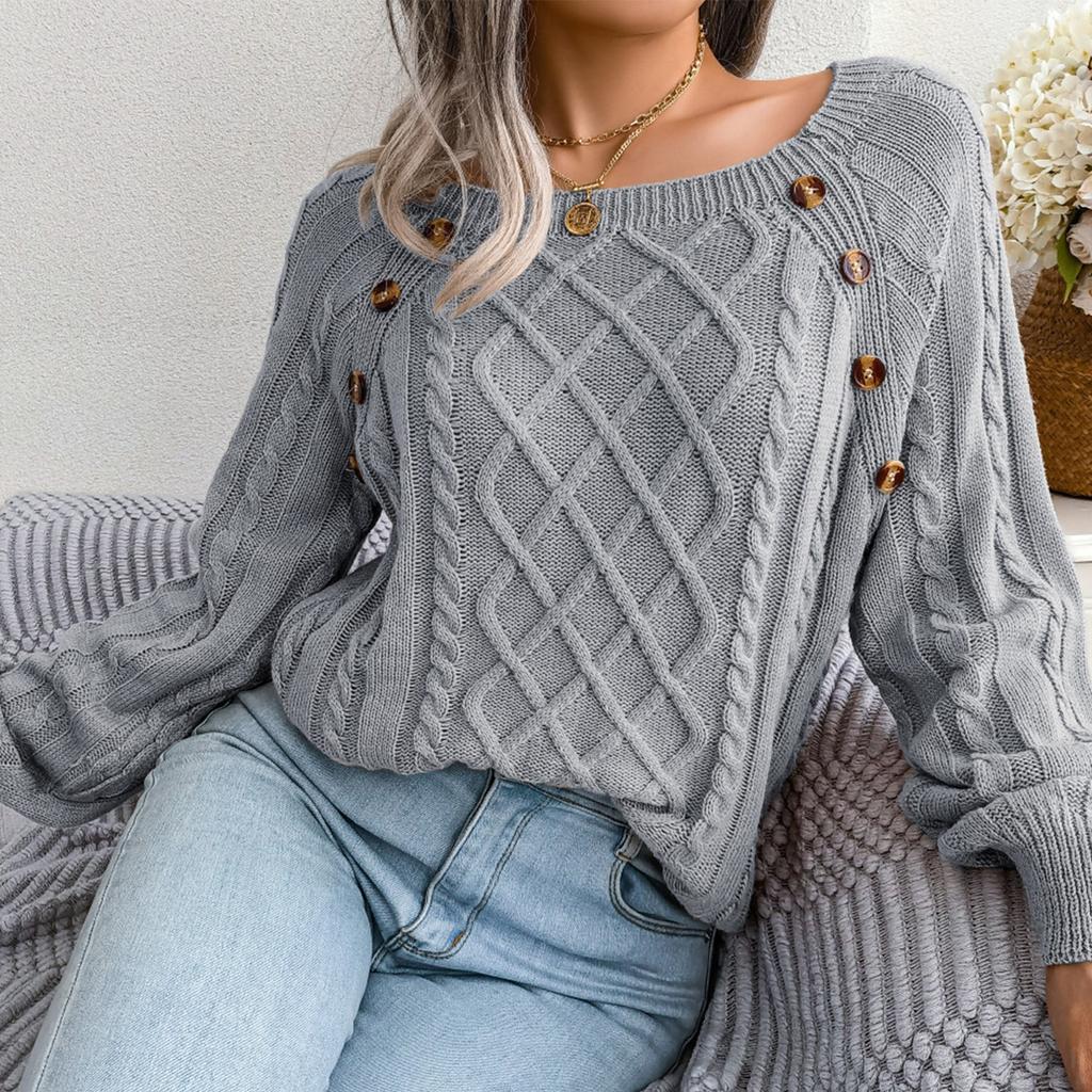 Women Cable Knit Sweater Long Sleeve Round Neck Pullover Loose Pure Color Women Knit Sweater for