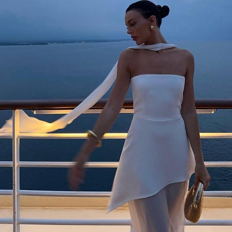 LYRIA Fashion Strapless Dress With Ribbon Female Elegant Solid Sleeveless Mesh Beach Vacation Long Dress Spring New Women Dress