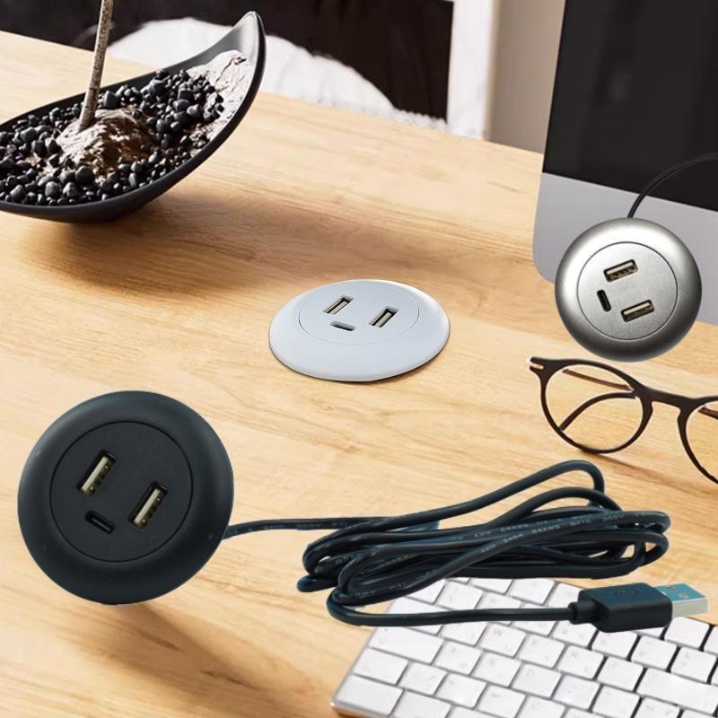 1Pcs Type-C Usb Charger 3 In 1 Splitter Desktop Hole Embedded Usb Hub For Laptop Pc Mobile Phone Charging Furniture Office Socke
