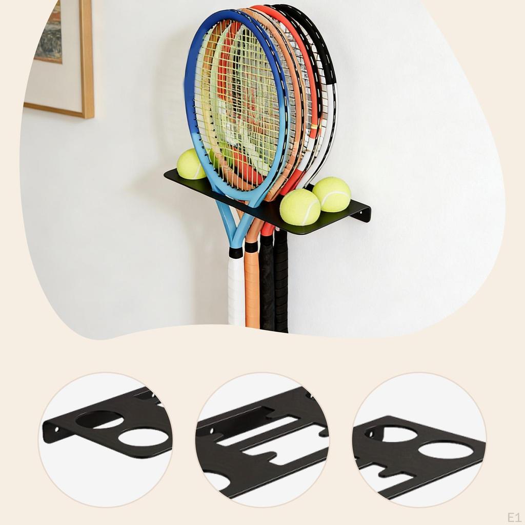Tennis Racket Rack Display Holder Wall Mount Holds 4 Balls Racquets Organizer