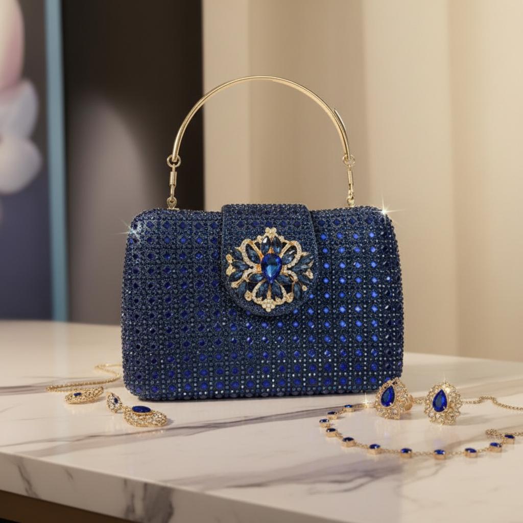 2026 high stand Rhinestone Clutch Bag Diamond-Embellished Plaid Pattern Fully Embellished Magnetic Clasp New Women s Evening bag L19xW4xH13.5 синий