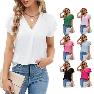 Women's Business Casual Tops Ladies V Neck T Shirts Blouses Women Short Sleeve Blouse