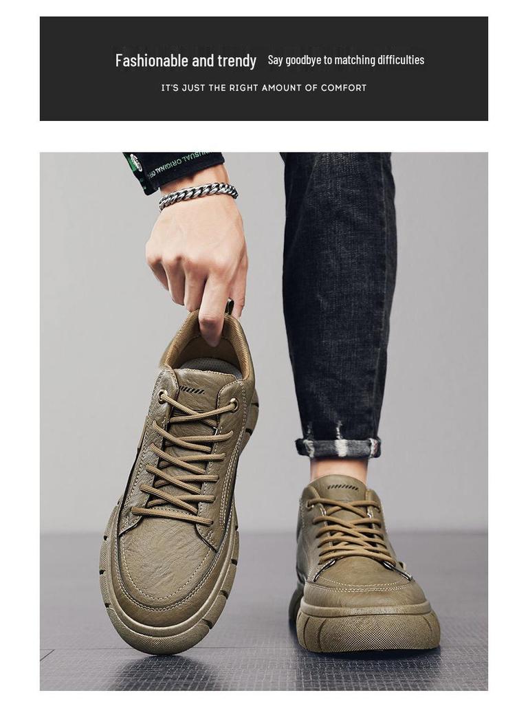 Men's Trendy Black Leather Waterproof Non-slip Sneakers - Breathable and Versatile for Spring Casual Sports