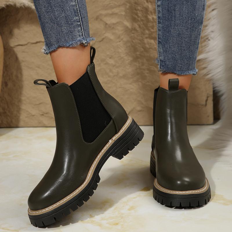 Fashion Comfort Thick Bottom Chelsea Boots Women 2025 Autumn Slip On Chunky Platform Black Pu Ankle Boots Woman's Casual Shoes Plus Size