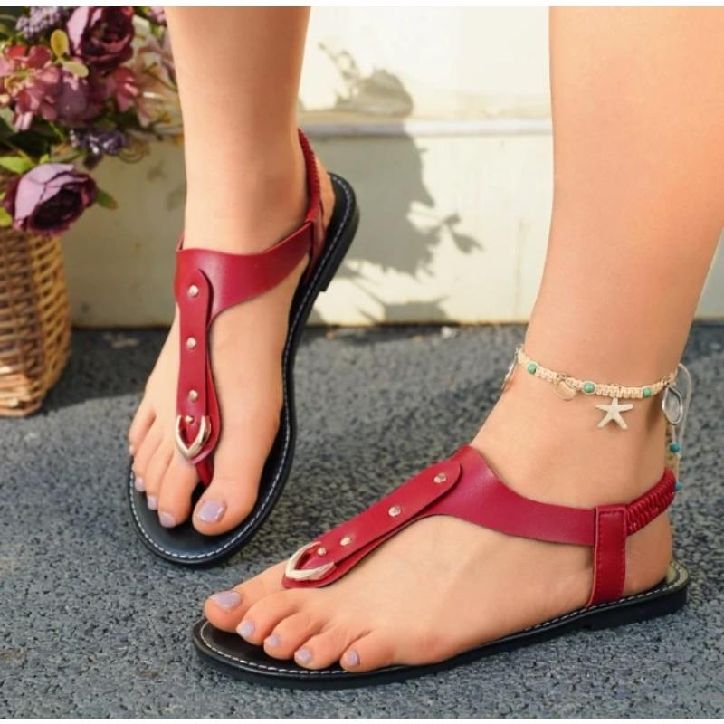 Ladies' solid color flat sandals, with open toe strap and adjustable elastic strap, and metal decorative sandals for comfortable