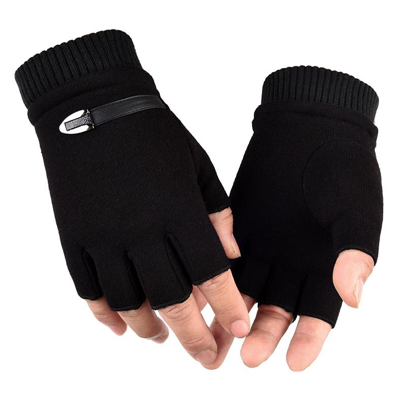 Men's Winter Fleece Warm Half Finger Gloves Stretch Fingerless Mittens for Outdoor Bicycle Driving Male Sports And Outdoors
