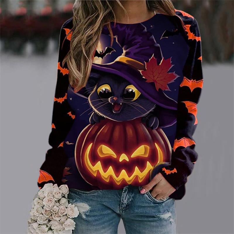 2025 Autumn Women's Halloween T-Shirt Fashion Long Sleeve Party Tops Casual 3D Print Loose Shirts OverSized Clothing Polyester