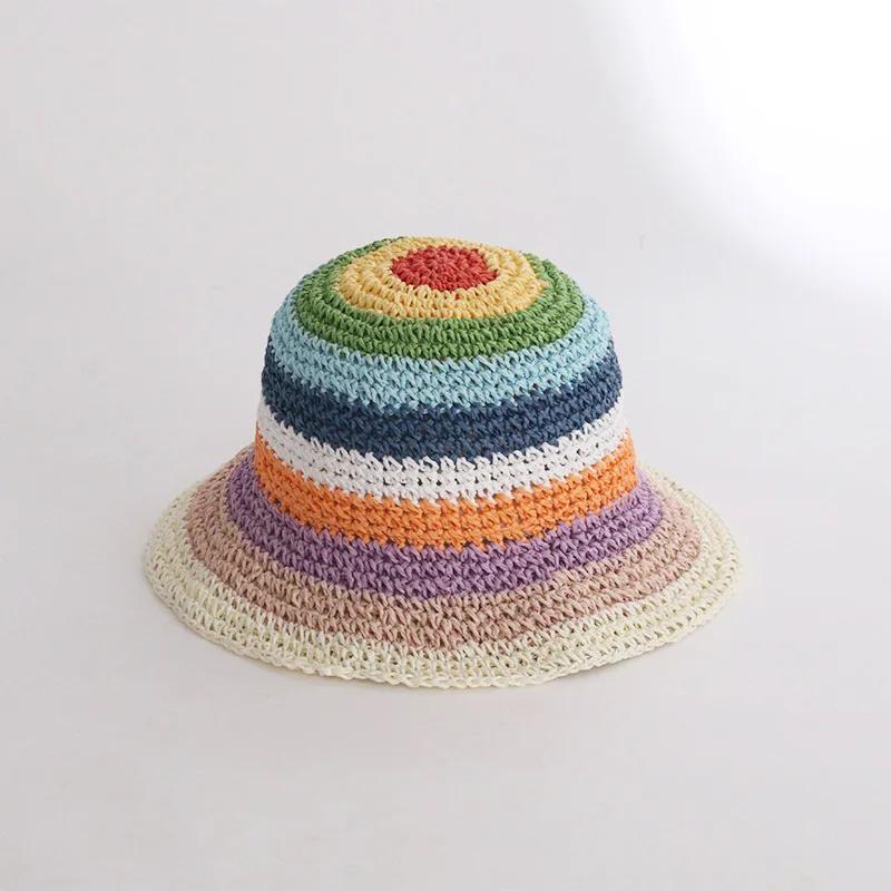 Japan Korea Crochet Beach Straw Hat Women Summer Flowers Grid Pure Hand-woven Hat Sunshade Fisherman Breathable Bucket Gorras