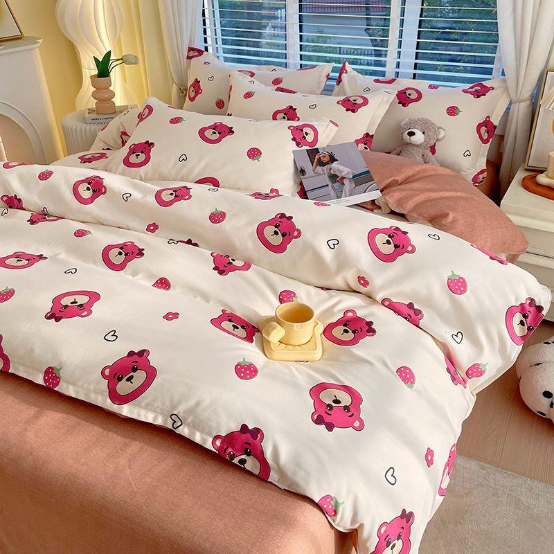 Vierteiliges Bettwäsche-Set, Bettwäsche, Gewaschene Baumwolle Sandgestrahlt Verdickter Bettbezug, Stepplaken, Studentenwohnheim Einzelbettbezug Dreiteiliges Set