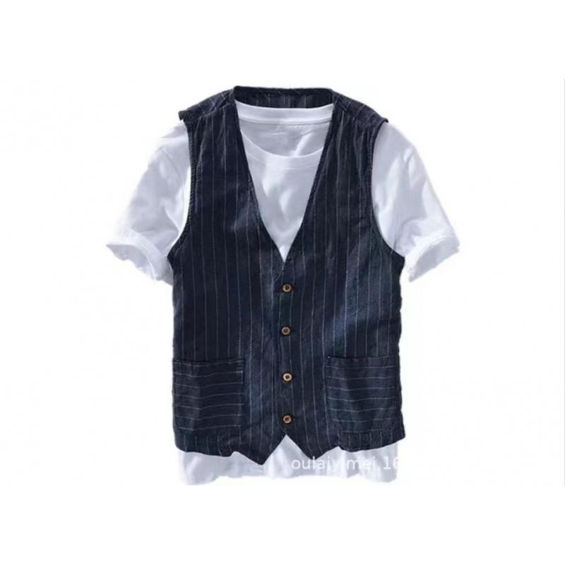 Męska letnia lniana kamizelka bez rękawów z dekoltem w serek codzienna cienka
