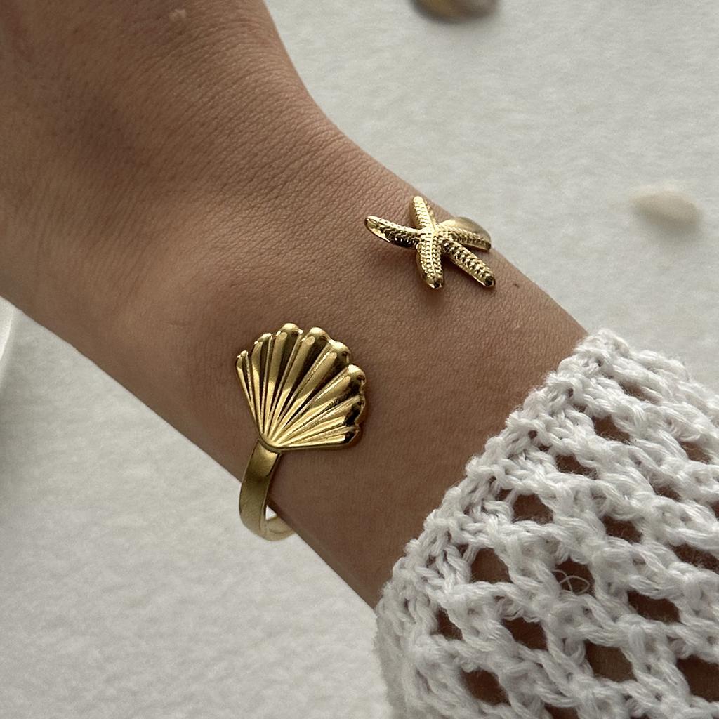 Vintage Exaggerated Wide Cuff Bangle for Women Gold Color Shell Starfish Flower Stainless Steel Bracelet Beach Party Jewelry