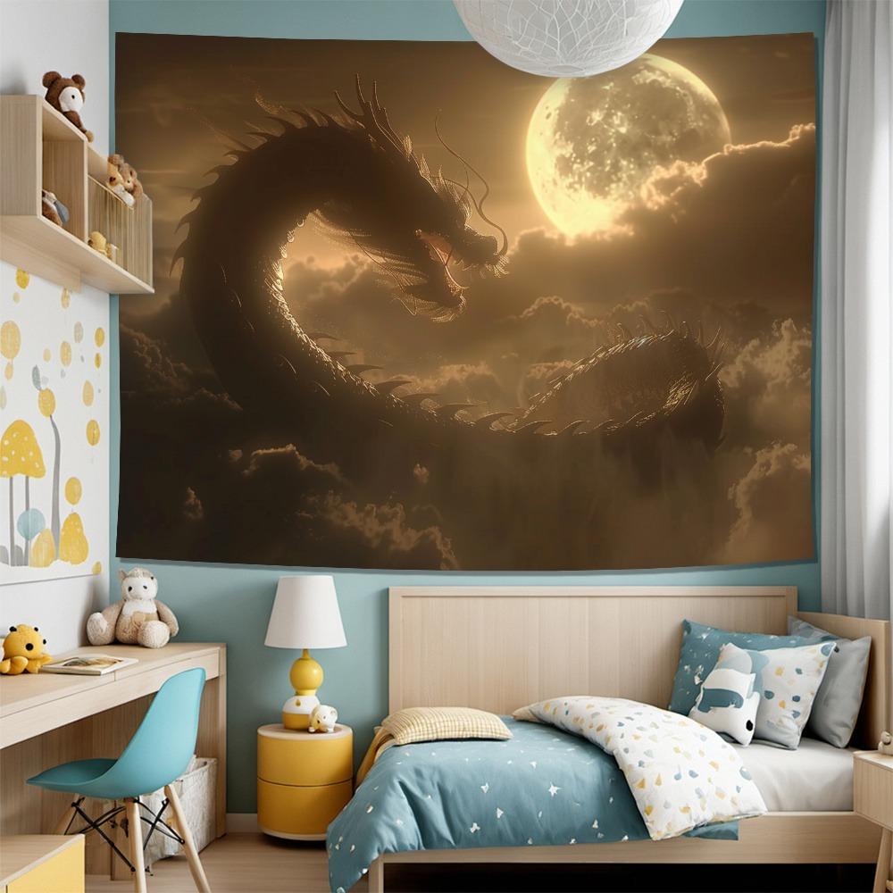 Mythical Dragon Under Full Moon Tapestry: Dramatic Night Sky-Themed Wall Hanging for Home Decor