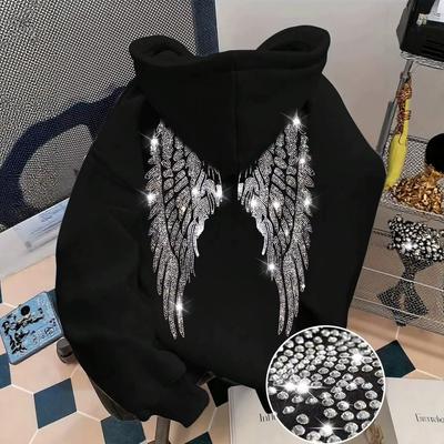 Women's Hooded Long Sleeve Loose Fit Pullover Sweatshirt Rhinestone Angel Wings Graphic Streetwear Casual Hoodie