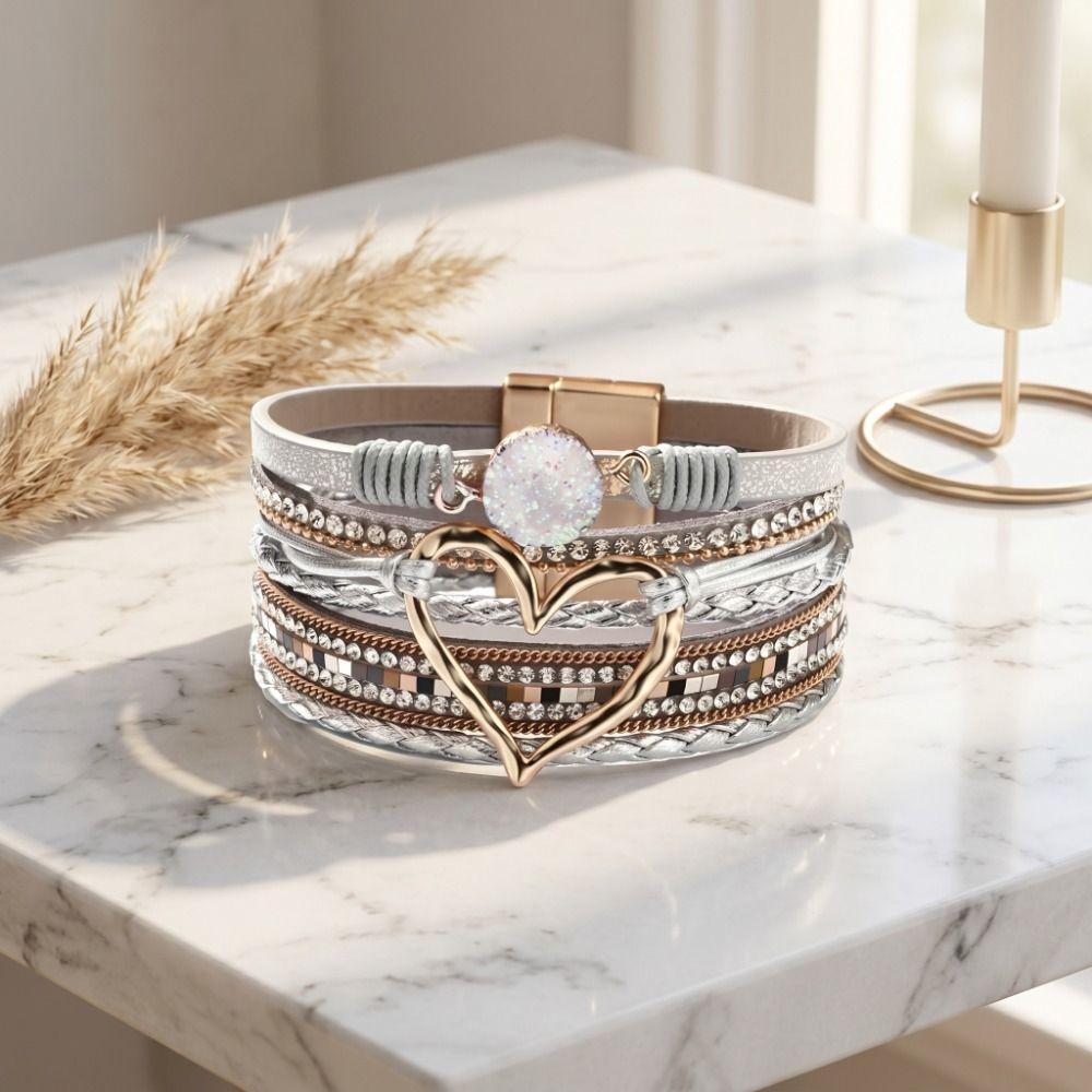 Leather Bohemian Style Bracelet Crystal Stacked Zircon Bracelets Heart Woven Bracelet  For Women