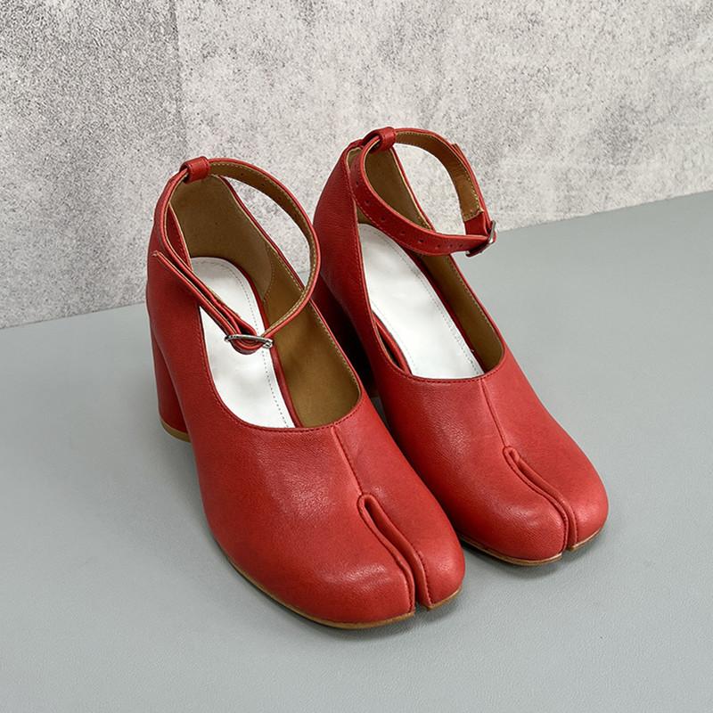 Fashion Fashion Ballet Style Split Toe Mary Janes Tabi Women Pumps Comfortable Soft Leather Ankle Strap Thick High Heels Chunky Shoes
