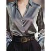 Elegante Satin Gestreepte Lange Mouwen Knopen Blouse voor Dames Vintage Stijl Kantoor Top