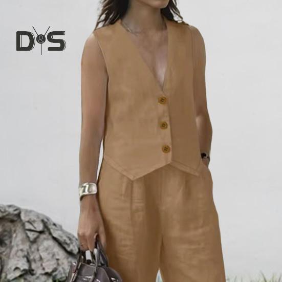 2 buc/set femei vestă pantaloni costum cu decolteu în V adânc, fără mâneci, culoare solidă, pantaloni cu talie înaltă, pantaloni largi, ținută ocazională, haine de vară birou OL