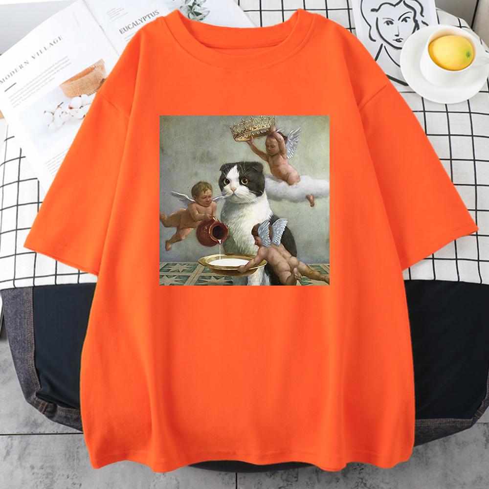 Scottish Fold Angel Crown Print Women Unisex Clothing Personality Casual Crewneck T-Shirts All-math Loose Mans Cotton Short Sleeve