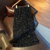 Women's High-Waisted Silver Sequin Midi Skirt, Autumn, Hip-Hugging, Slimming Design with Slit